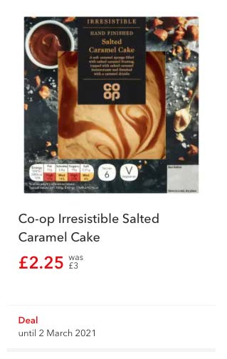 Deal red highlights a discounted price for a cake product.